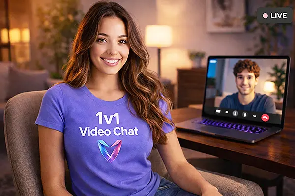 Interface de chat de vídeo 1v1 a mostrar uma chamada ao vivo com um desconhecido aleatório